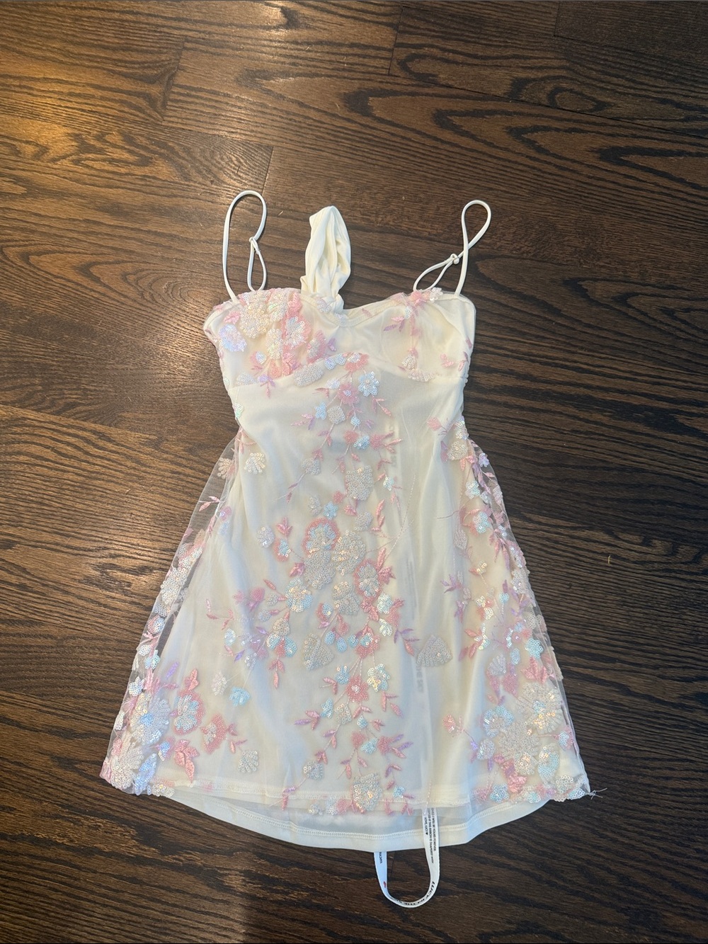 Lucy in the Sky Cream Mini Dress with Pink Floral Appliqué
